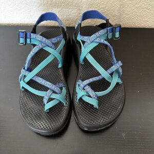 Womens CHACO Vibram Blue Green Double Strap Hiking Sport Toe Loop Sandals Sz 7